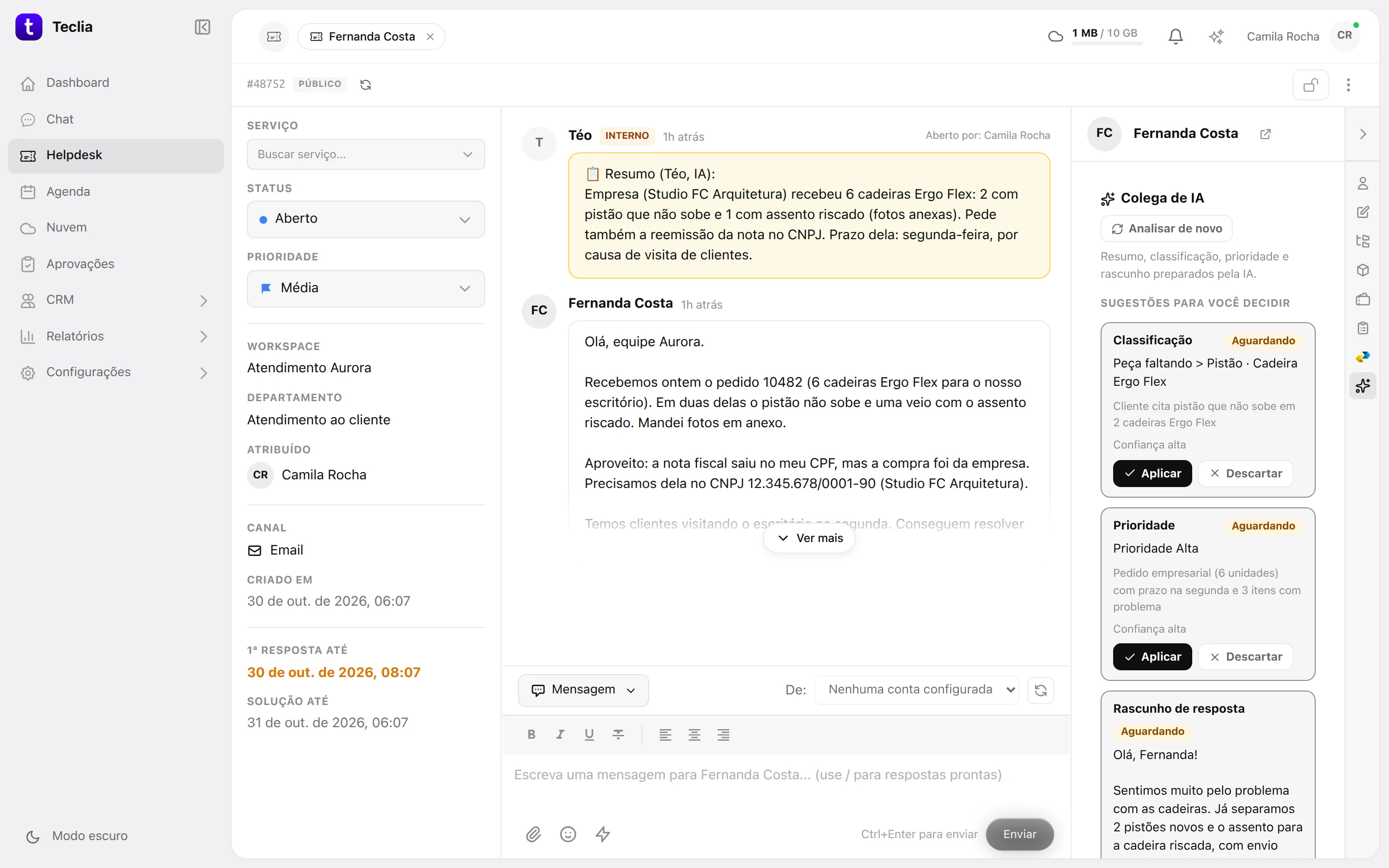 O e-mail da Fernanda chegou há 1 minuto e já está pronto: resumo, classificação, prioridade e rascunho de resposta, preparados pela IA.